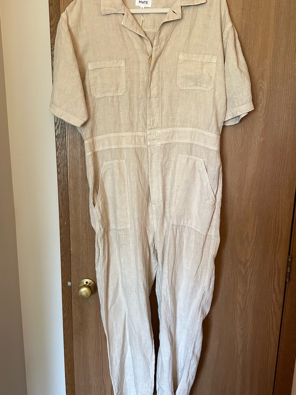 MATE the Label Beige Linen Short-Sleeve Jumpsuit